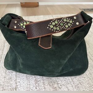 Tylie Malibu Dark Green Suede Hobo Bag with Embellished Strap